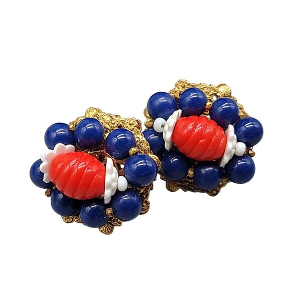 Miriam Haskell Patriotic Bead Cluster Clip On Earrings Rare Vintage Signed Pat # - Picture 2 of 12